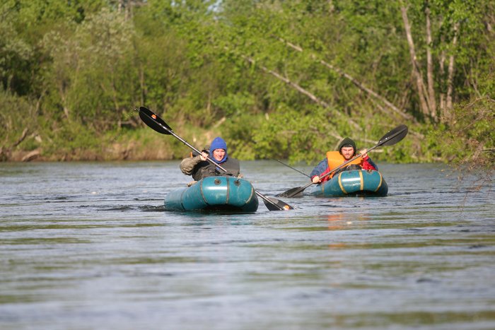 Erin and Tom paddling down the Mulchatna River in the Alpacka rafts.