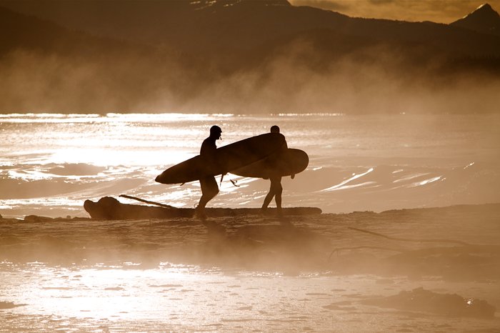 Surfers on a cold January day. 