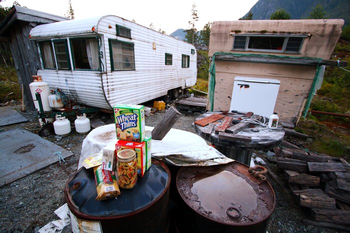 We salvaged 2-year old wheat thins and other food at this abandoned logging camp.