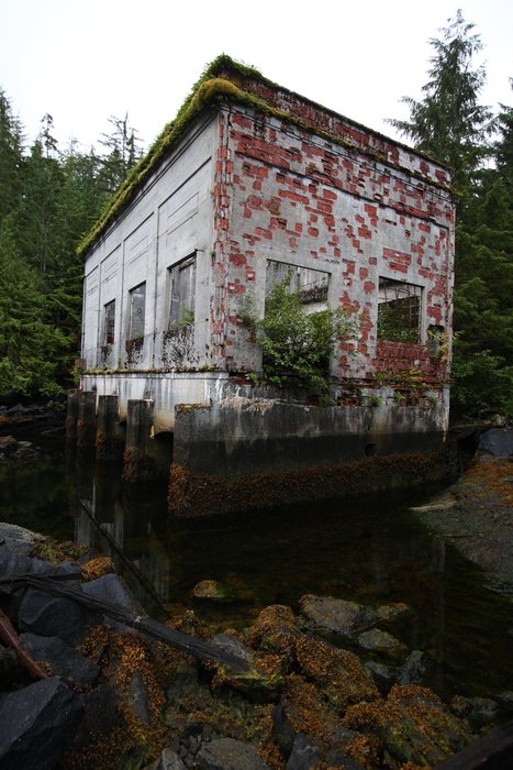 An old mine building at the head of Surf Inlet.