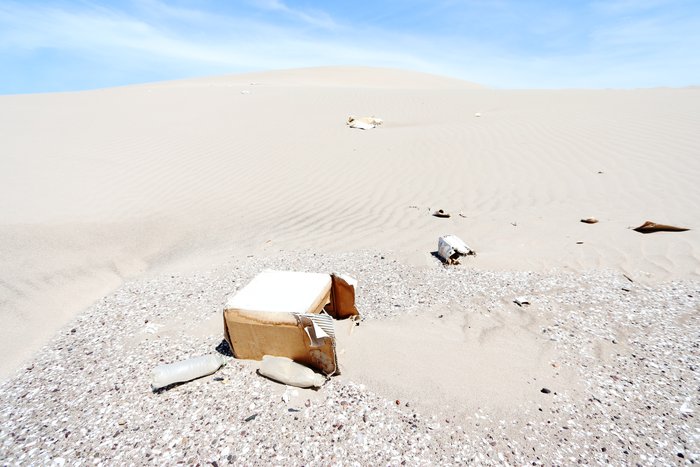 These bits of garbage, at the edge of giant dunes near Tanaka on the coast of Peru, likely originated miles away along the highway, like the sand that forms the dune they blew inland. Trash was nearly ubiquitous across the dunes, and as the wind came up each day it could be seen rolling, tumbling, and flying its way downwind.