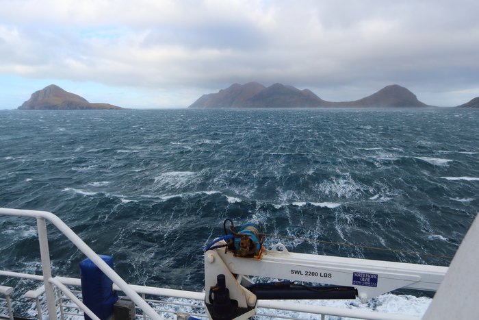 The view of the Barren Islands at the mouth of Cook Inlet in southern Alaska, as seen from the Tustumena ferry in about 50 knot winds.