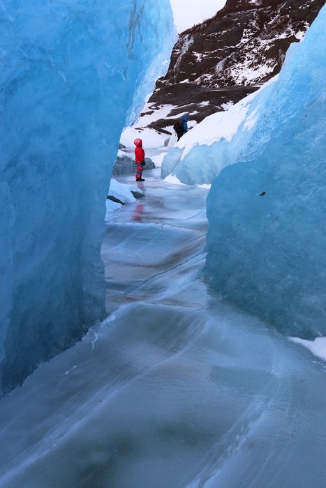 A shallow crevasse filled with lake ice at Grewingk Glacier.