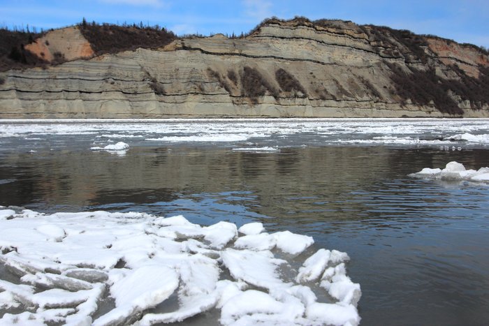 Ice pans float near coal-striped bluffs on Kachemak Bay.