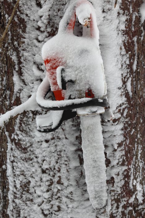 Snow drifted over the chainsaw where it's hung on a tree behind the yurt