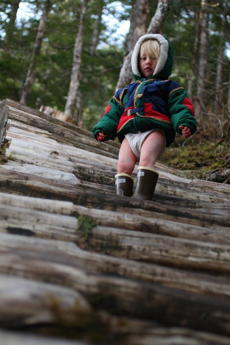 A well-constructed trail in Sitka provides an adventure for a 2 year old