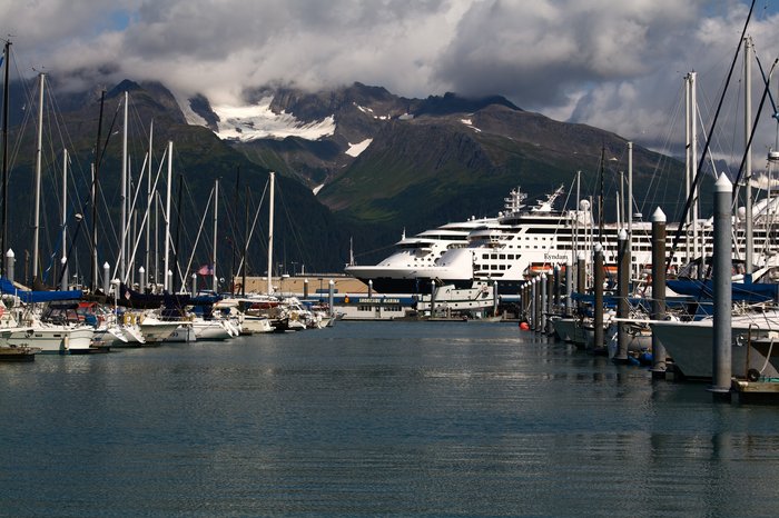 A crowd of sailboats and yachts fill the Seward harbor, while a cruise ship looms in the distance.