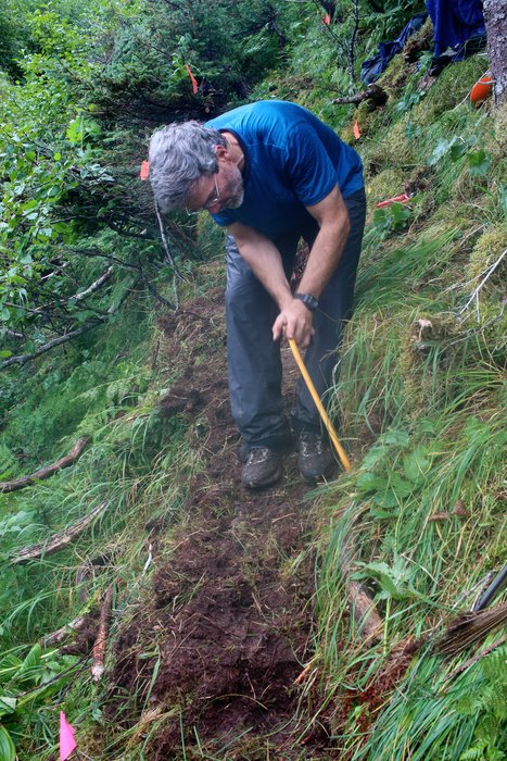 Randy Weist uses a bow saw to trim roots hanging into the trail.