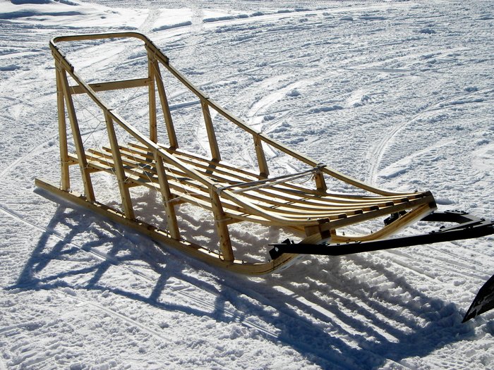 A snowmachine sled built by master woodworker Roy Carlson, in the village of Sleetmute. 