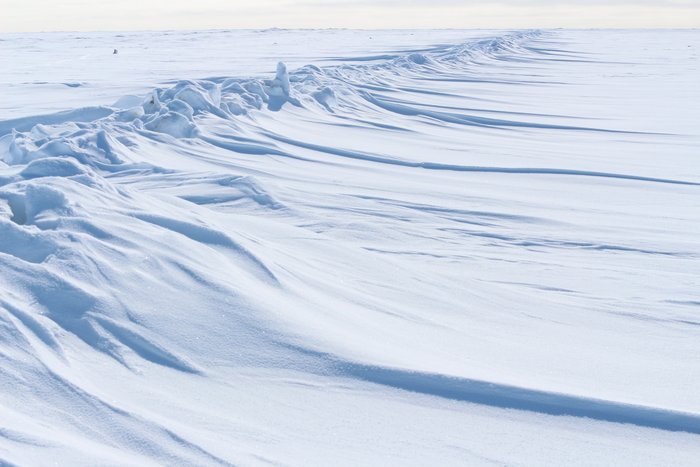 Drifts stripe the snow downwind of jumbeld ice along the Chukchi Sea coast.