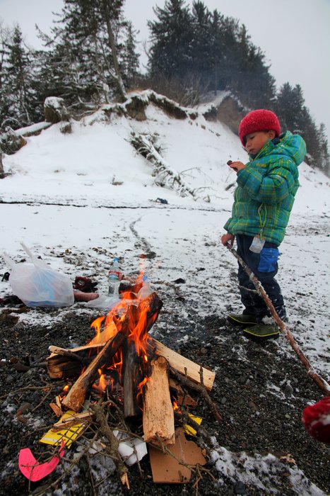 Fire on the beach--a key part of winter kid hikes