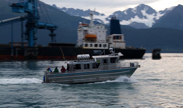 A sport fishing boat cruises out of the Seward harbor, past the loading coal ship.