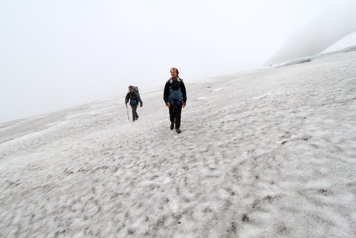 A dead remnant of glacier high on Tutka ridge provides easy passage.