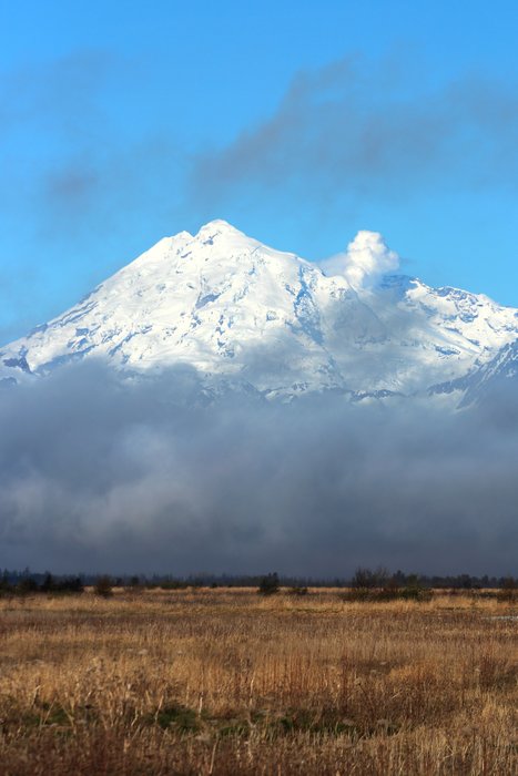 Redoubt Volcano towers over vast plains of flat marshland along the coast of Cook Inlet.