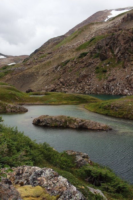 An intricate alpine lake surrounded by tundra.