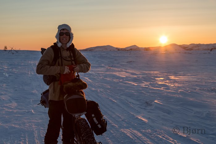 The sun sets while Bjørn and Kim pause on the Kaltag Portage.