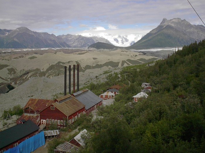 Remnants of the Kennecott Mine with the Kenicott Glacier behind