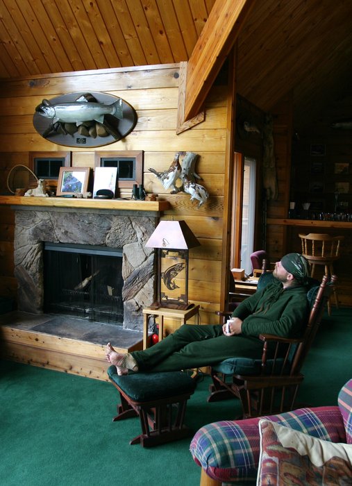 Tom lounging in the Sportsman's Lodge, on the upper Kvichak River
