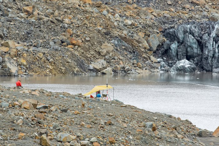 The small, remote control, mulitbeam boat surveys and maps the sea-floor at the head of Taan Fjord. Over the course of a week, in early August, 2016, a team of researchers studied and mapped the submarine landslide deposit from the October 2015 landslide. 