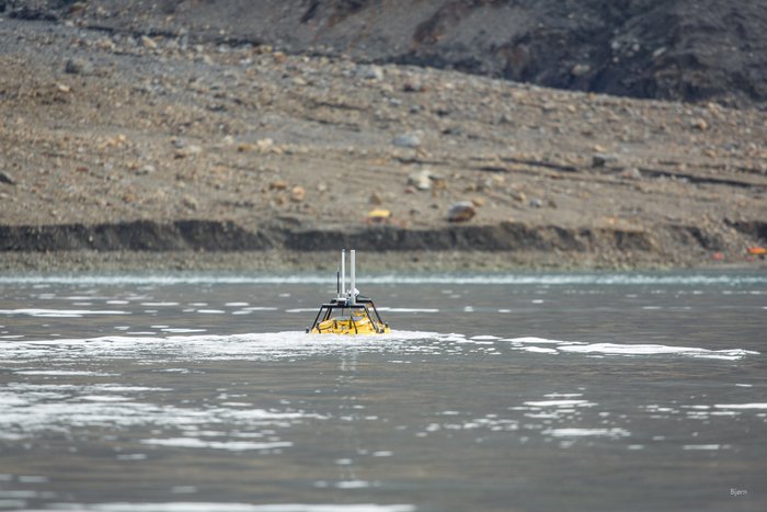 The small, remote control, mulitbeam boat surveys and maps the sea-floor at the head of Taan Fjord. Over the course of a week, in early August, 2016, a team of researchers studied and mapped the submarine landslide deposit from the October 2015 landslide. 