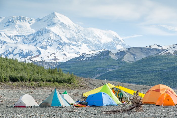 Mount Saint Elias looms above camp. This camp-site was used for each of the three expeditions to study the landslide and tsunami in Taan Fjord in the spring and summer of 2016. 