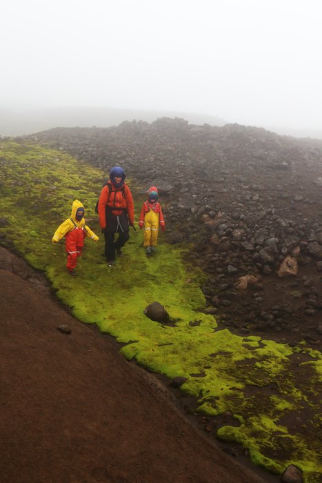 High on Pakushin Volcano Erin and the kids walk down a carpet of moss where flowing water keeps the ashy soil moist.