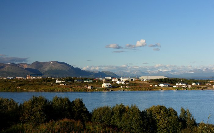 At the mouth of the Newhalen river where it empties into Lake Iliamna, looking across to the village of Newhalen.