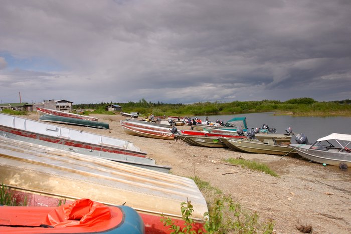 Boats lined up on the shore at New Stuyahok, my Alpacka raft in foreground.