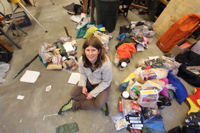 It took half a day for Erin to segregate the nearly 300 lbs of food into piles for various food caches.