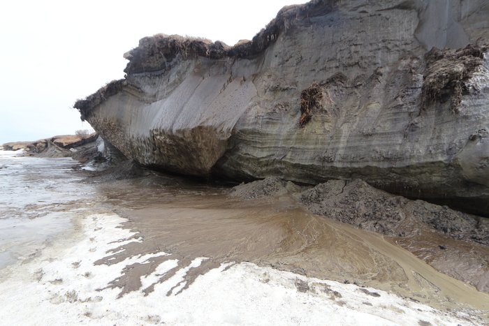 In summer, waves melt the bottom of this ice cliff, and every day its above freezing the face oozes mud.