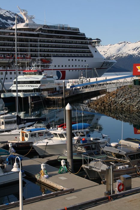 The Carinval Spirit cruise ship parked in Whittier, Alaska.