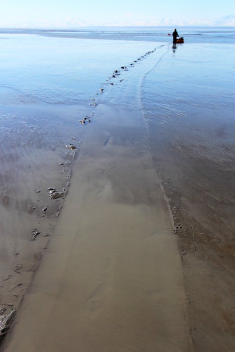 Track left by the raft sledding across the mud