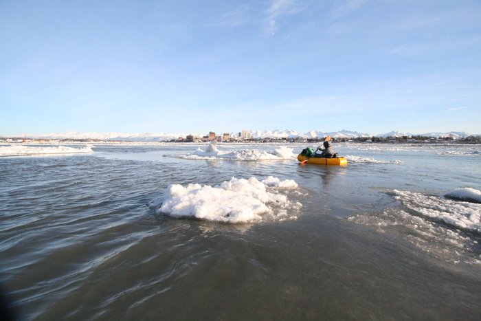 At 20 degrees below zero, huge tidal currents set Knik Arm's ice floes swirling in an impossible crushing maze.  We never made it across in the packrafts, instead <a href="http://www.groundtruthtrekking.org/Journeys/WildCoast.html">skiing several days around</a>