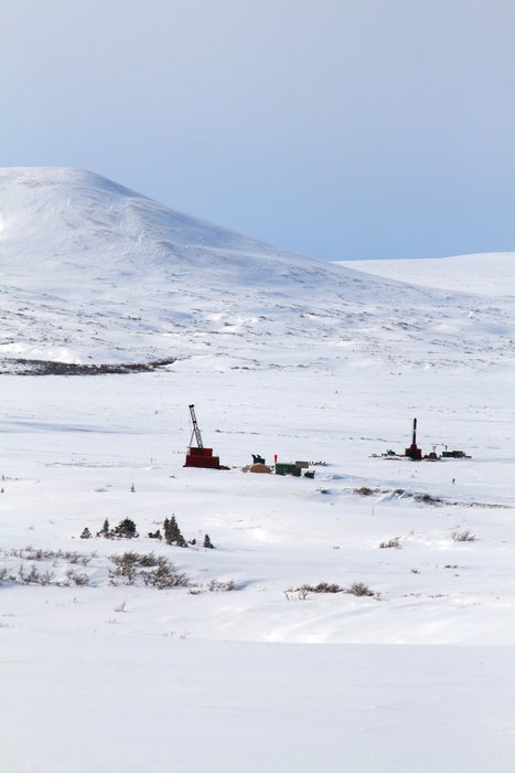 Drilling rigs at the Pebble Mine prospect (March 2008)