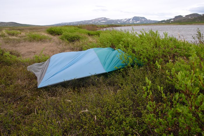 Our tarp set up on the shores of Frying Pan Lake. 