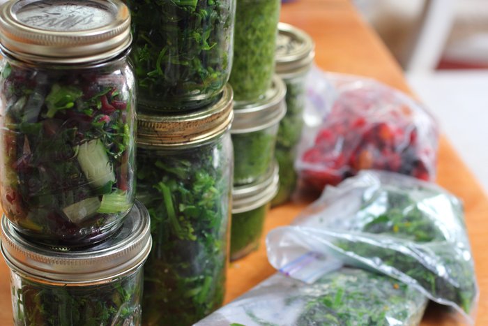 blanched greens, pesto, and berries - from the garden to the freezer