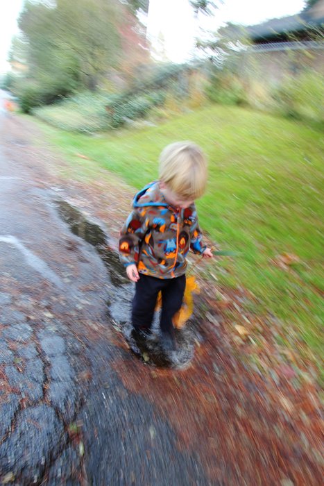 When we suggest that maybe his shoes aren't the best thing for wading into puddles, he responds, "But hiking shoes are for walking in the water!"  I wonder where he got that idea?