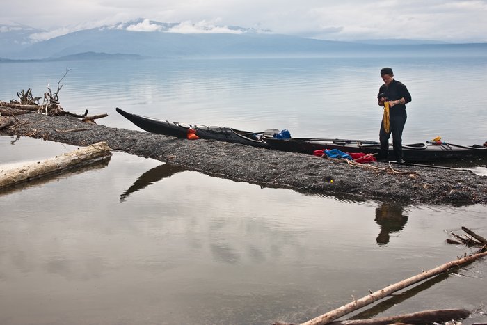 Bjorn and the kayaks during a break.  Lake Tustumena
