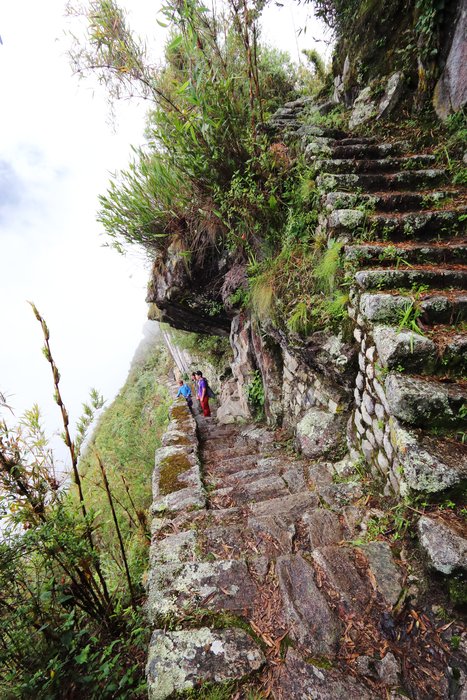 Steep stairs switchback down a cliff near Machupicchu