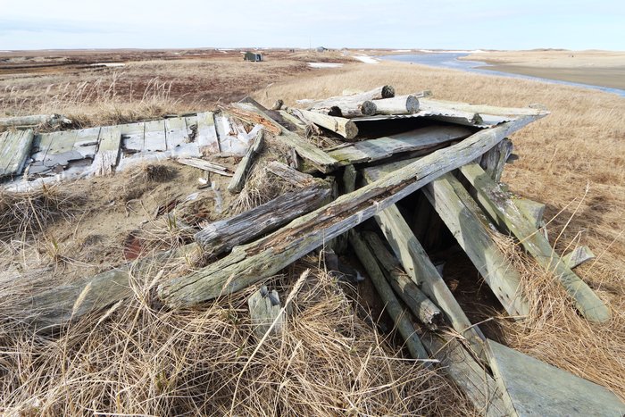 Sod houses were once the main structure used through much of Alaska's arctic, but few remain intact enough to still have a roof like this one.  This sits at the Espenberg River on the northern tip of the Seward Peninsula.
