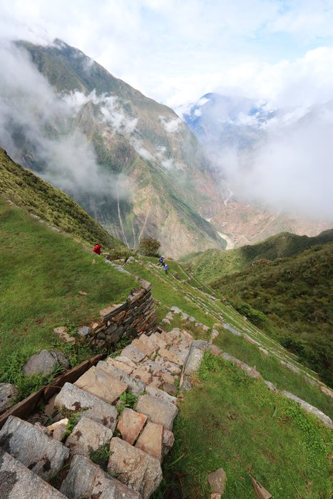In the cloud forests near Choquequirao, the Inca had to manage flows of water that might destroy their stone stairs and terraces, and sometimes they built paved channels like the one running along the left side of these stairs.