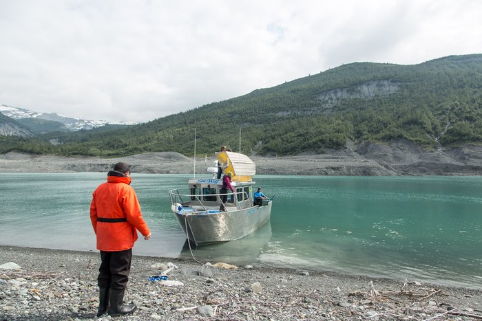 In the summer of 2016, three expeditions to study a massive landslide and tsunami were conducted. The third expedition chiefly focused on mapping the sea floor in Taan Fjord. Here the expedition is just coming ashore after a five-hour boat trip from the village of Yakutat. 