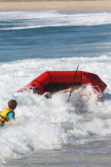 Even small waves in shallow water can capsize a packraft if you don't align well to them.