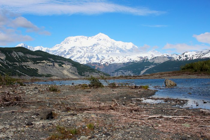 The landscape along the shore of Taan Fjord after it was blasted by a tsunami on 17 Oct, 2015. Mt. St. Elias stands in the background.