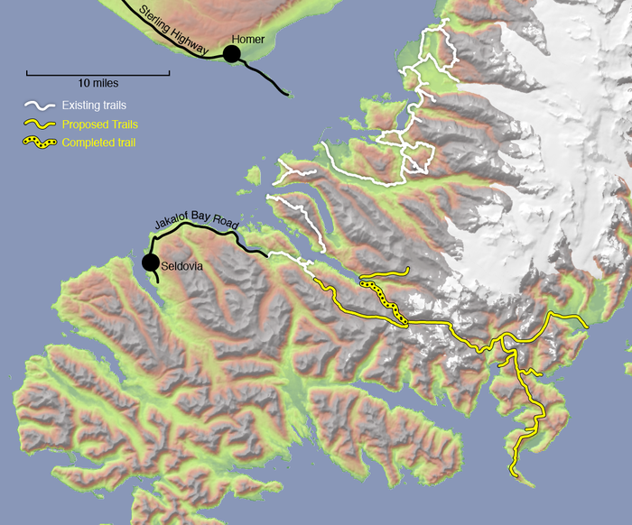 Rough proposed "Tutka Backdoor" routes between Tutka Bay and the Gulf of Alaska Coast.