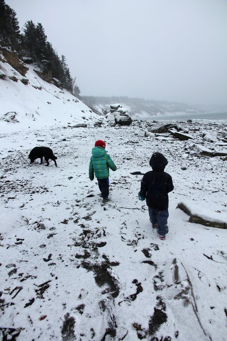 Two little boys explore a snowy beach