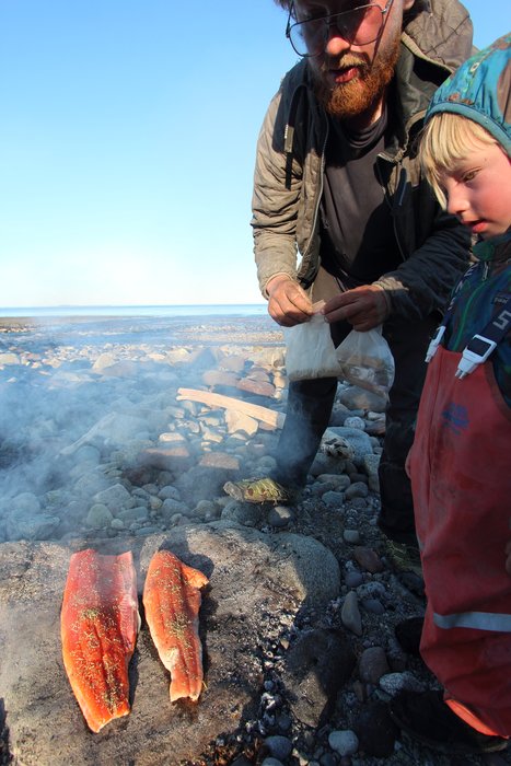 Gifted salmon (from Cook Inlet setnetters) cooking over a fire