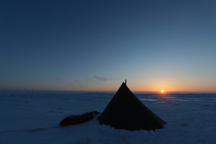 Our tent in the sunset on the Bering Sea ice.  We can get the inside to 70 degrees above the outside temperature.